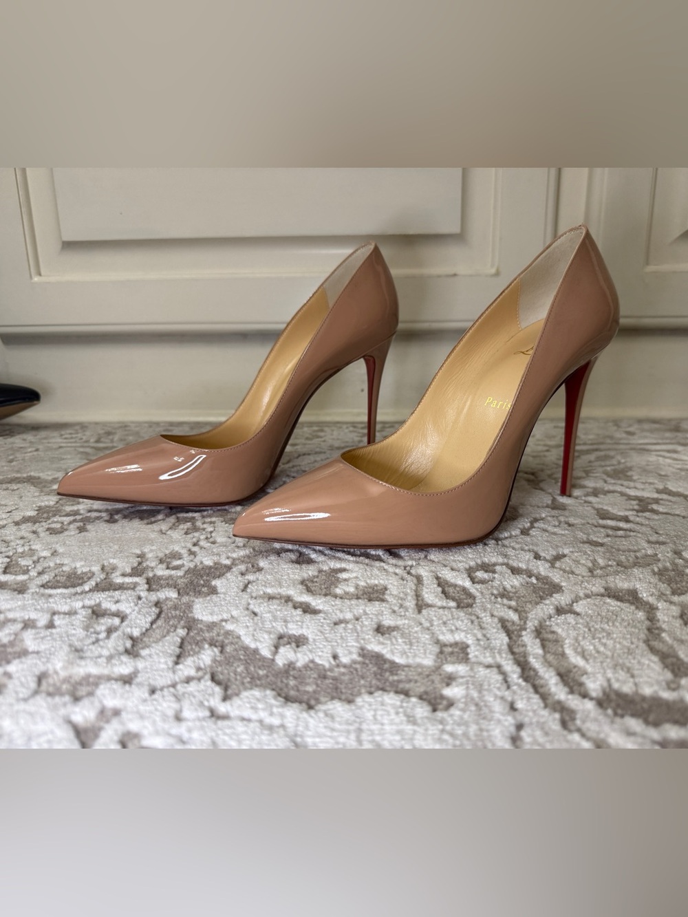 Christian Louboutin Nude Patent Pointed-Toe Pumps with Red Soles